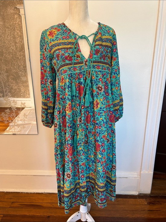 R. Vivimos Dresses & Skirts - Bohemian Teal Floral Tie-Front Long Sleeve Midi Dress